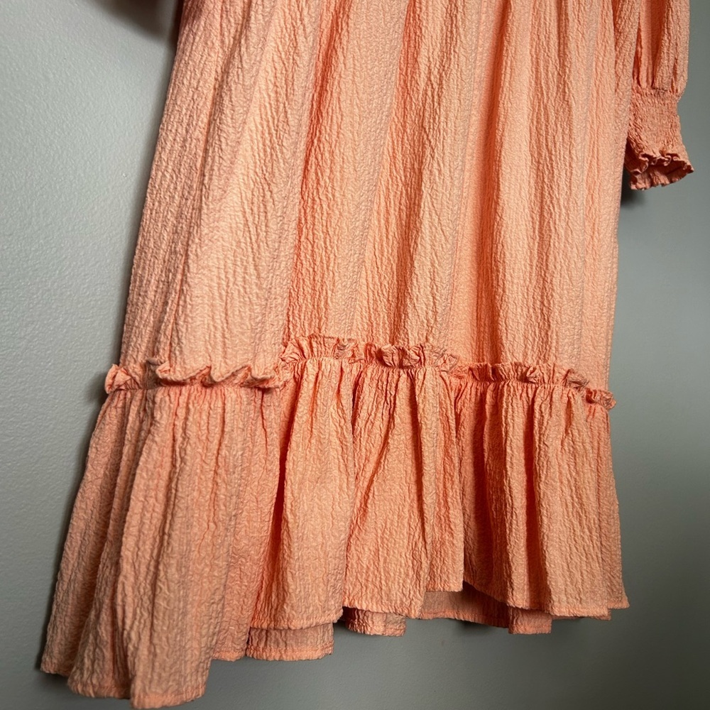 Calvin Klein Peach Tiered Midi Dress | Long Sleeve Smocked Cuffs | Size 16 - Picture 2 of 8